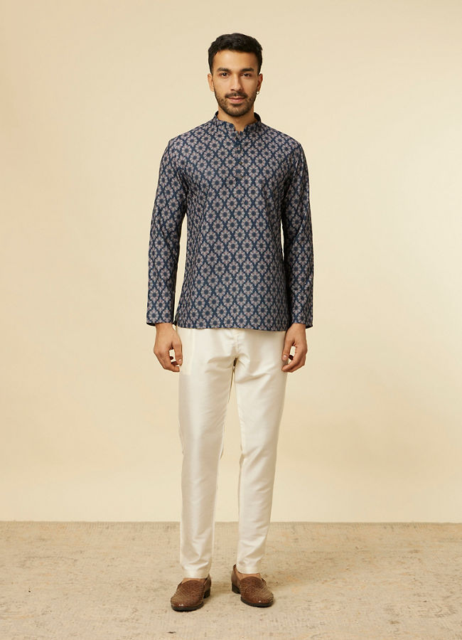 alt message - Manyavar Men Dark Blue Jaal and Medallion Short Kurta image number 2